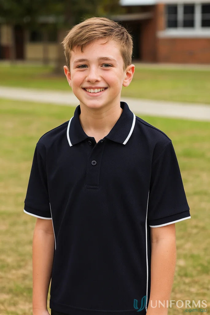 Young boy in JB’s Kids Podium Piping Polo made with Podium Cool™ fabric