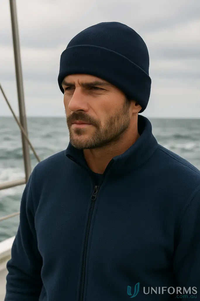 Man wearing a dark blue Polar Fleece Beanie made from high-quality polar fleece