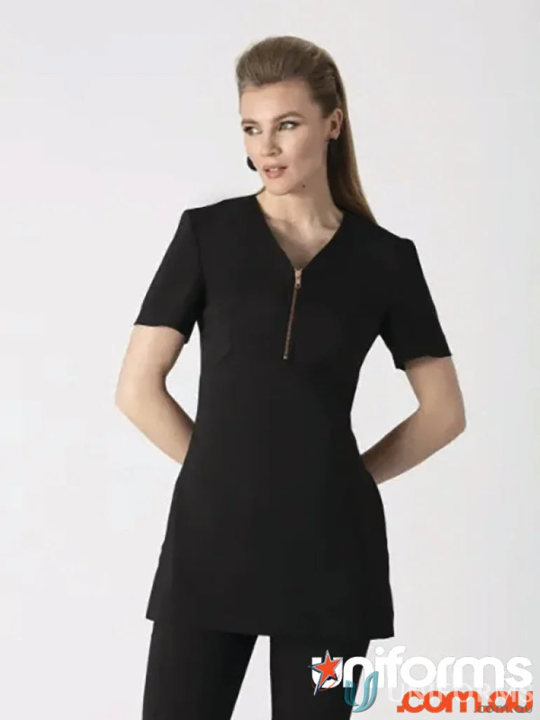 Black uniform tunic with zipper made from Novaro Bi-Stretch Fabric, B041 Polished Rose Gold zip