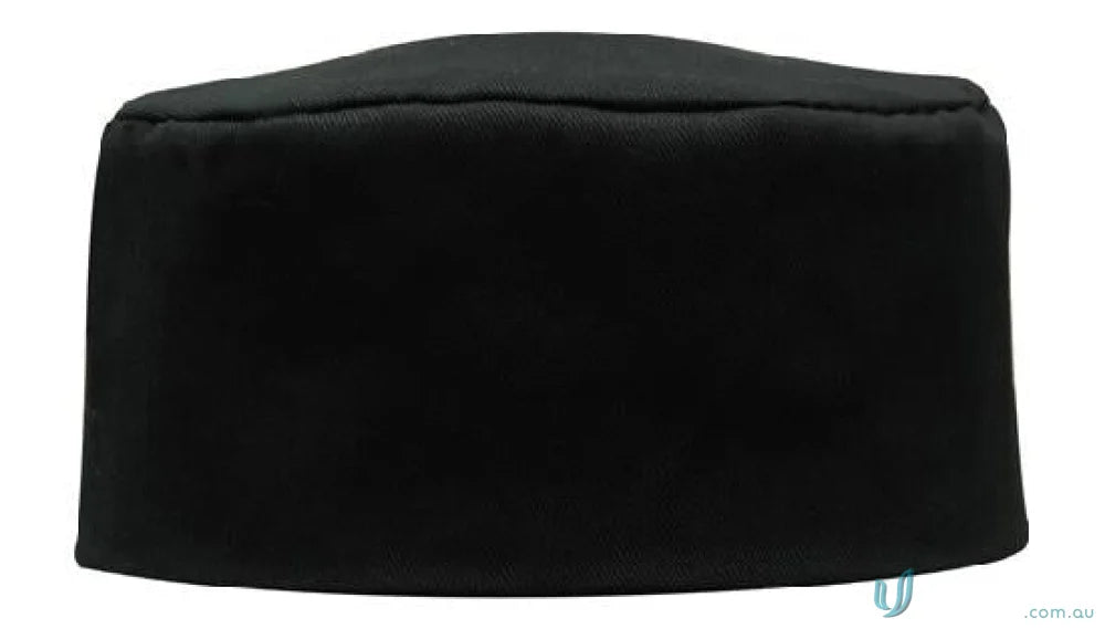 Plain black kufi cap for sports uniforms with customizable imprint colour, FAQ link included