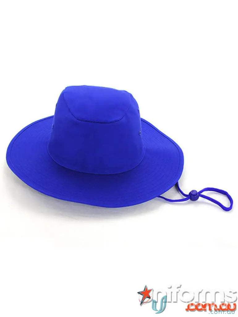 Blue poly cotton slouch hat with chin strap perfect for sun protection and style