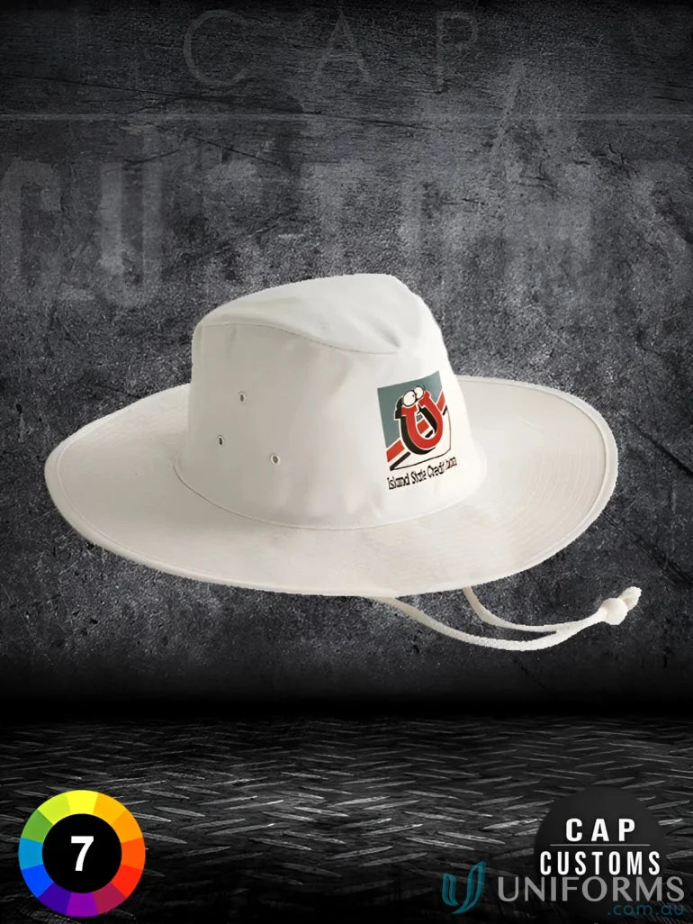 White sun hat with logo perfect for uniforms or workwear, check our faq link