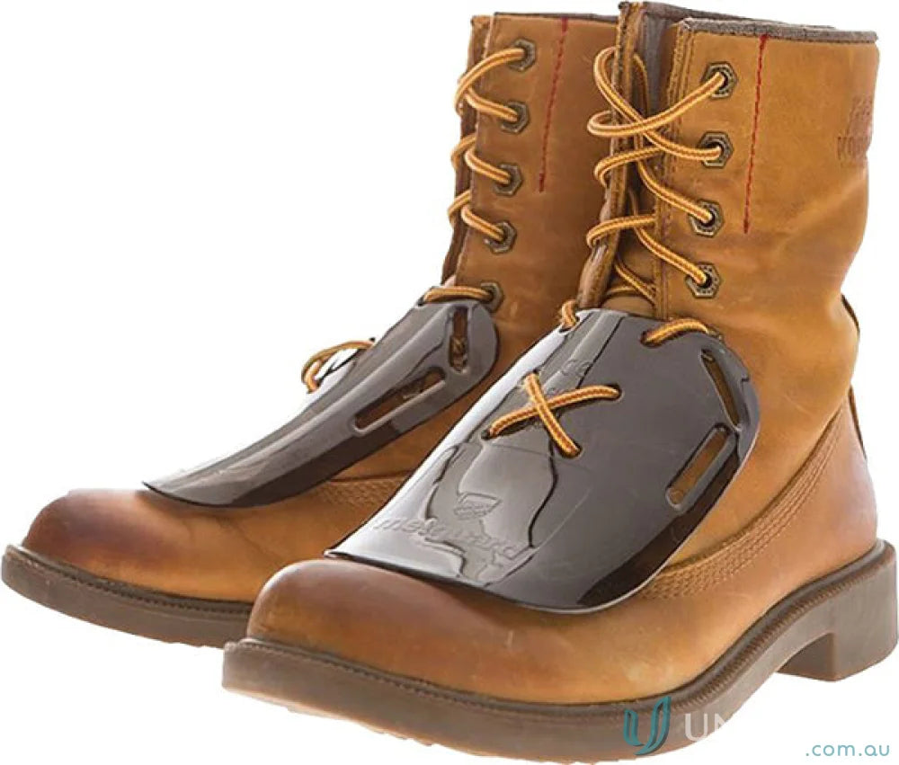 Brown work boots with secure guard and metatarsal protection for workwear or uniforms