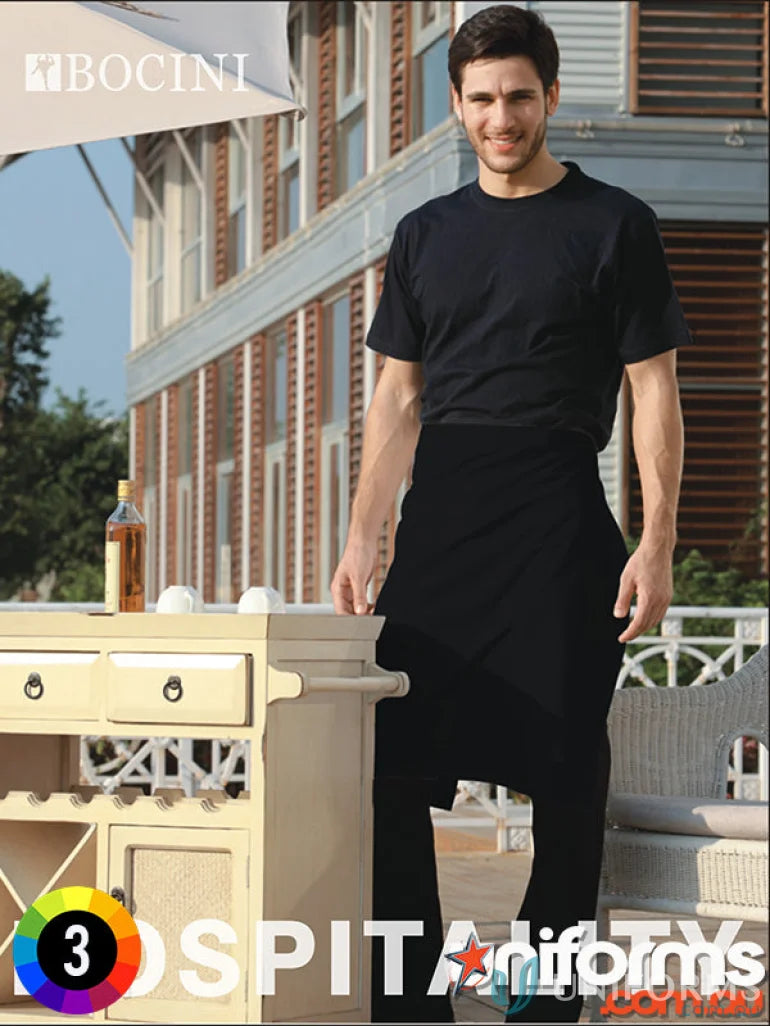 Man wearing a polyester drill apron with pocket, perfect for uniforms and work