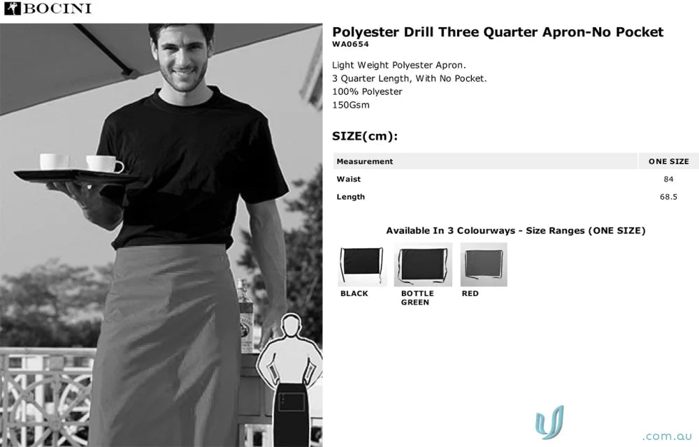 Polyester drill three quarter apron for uniforms without pocket showcasing durability