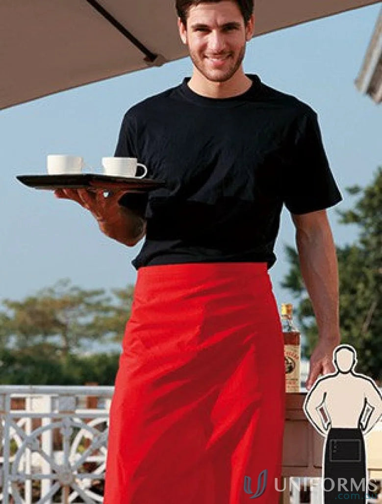 Waiter in a polyester apron wearing uniforms, showing a Polyester Drill Three Quarter Apron Without Pocket