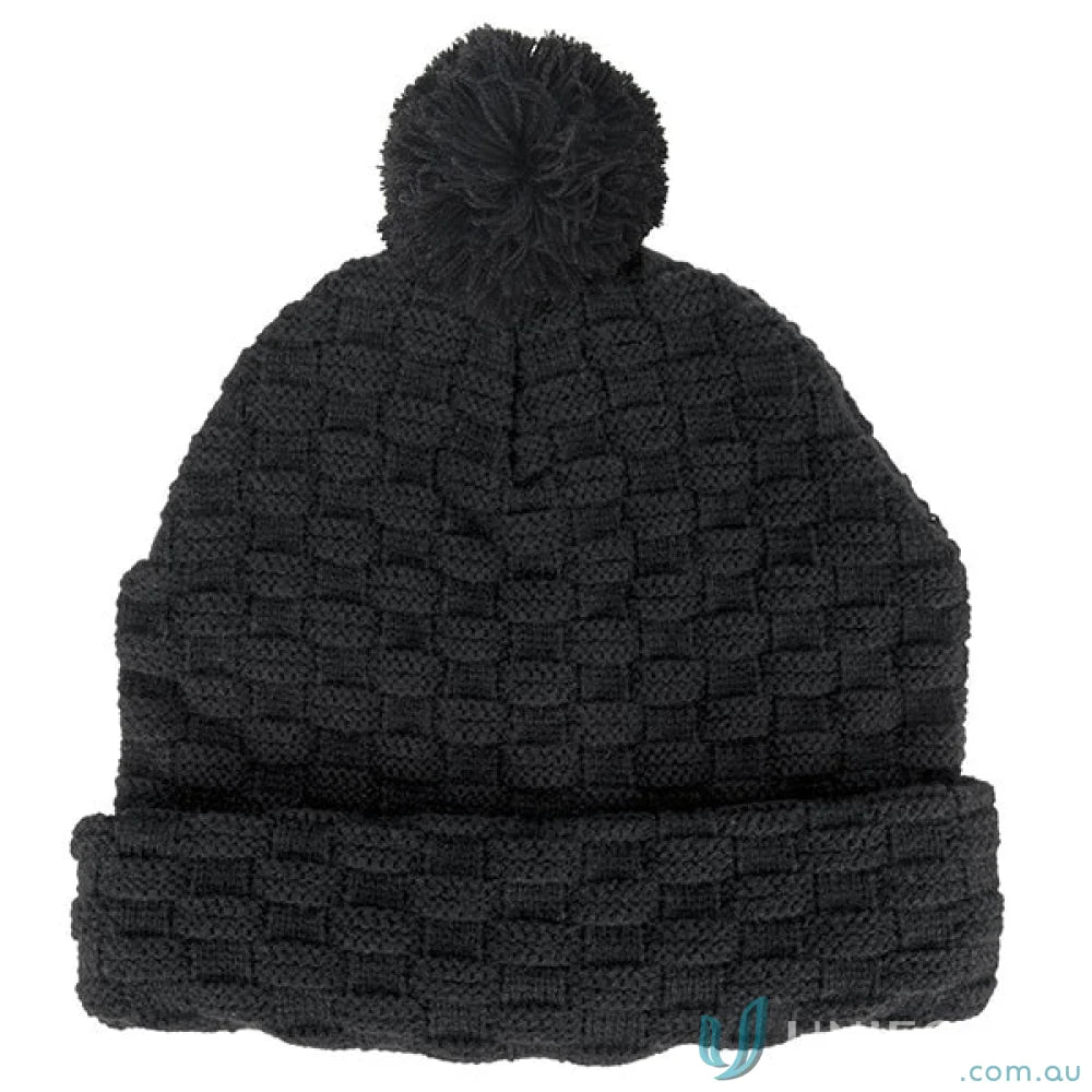 Black knit pom pom beanie with double layer knit, perfect for your winter look