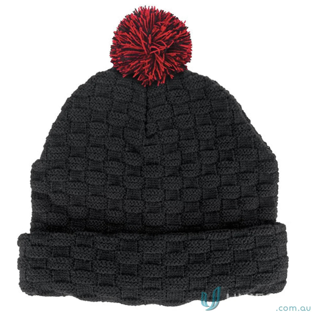 Black knit pom pom beanie with red pompom from the Double Layer Knit collection