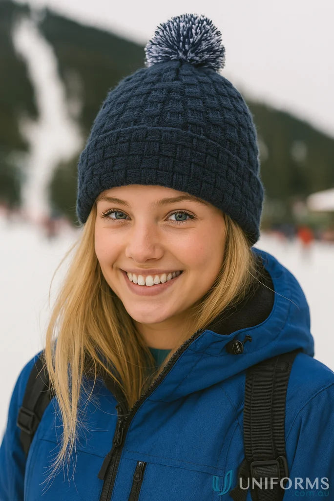 Smiling young woman in navy blue pom pom beanie with double layer knit ski jacket