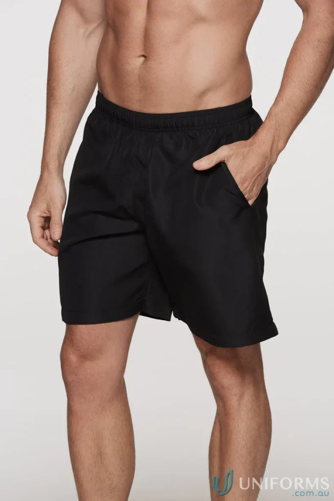 Black athletic shorts made from polyester pongee, perfect for uniforms and workwear