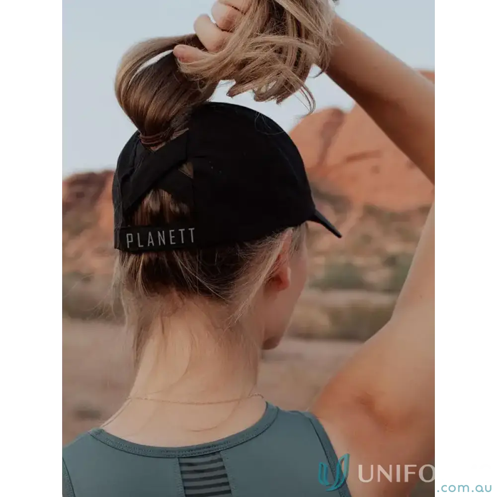 Black Ponytail Active Cap with unique ponytail opening and inbuilt cotton sweatband