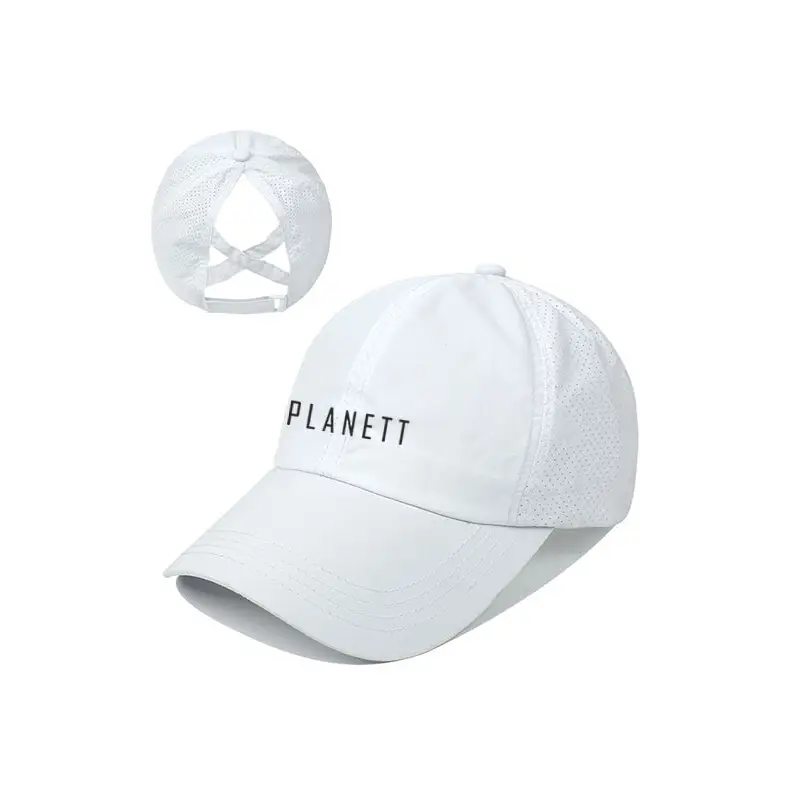 White ponytail active cap with black planett lettering and mesh sides perfect for workwear and uniforms