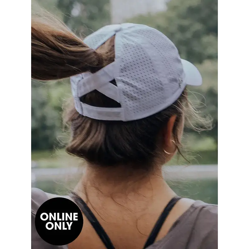 White mesh baseball cap with adjustable strap and curved brim perfect for uniforms and workwear ponytail active white cap