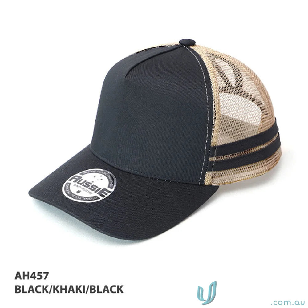 Black and khaki trucker hat from Ponytail Cap, perfect for workwear and uniforms