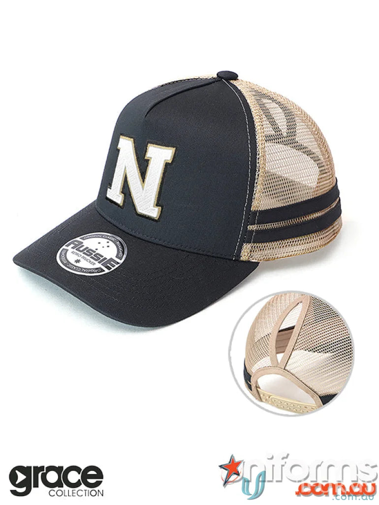 Black and tan Ponytail Cap with N logo, perfect for work uniforms and workwear