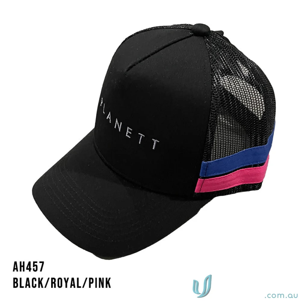 Black Ponytail Cap with Pink and Blue Accents, perfect for workwear or uniforms