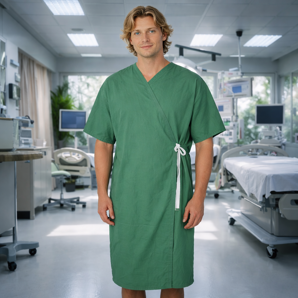 Green Poplin Patient Gown with white drawstring belt, size chart info