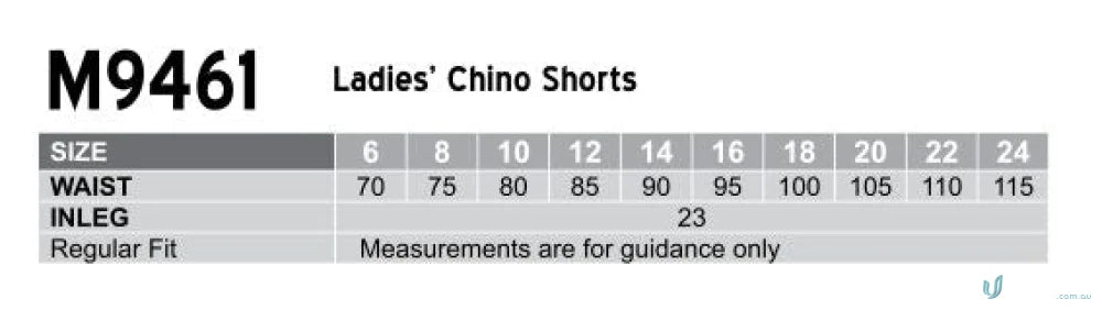 Ladies Chino Shorts size chart showing porters ladies chino shorts fit info