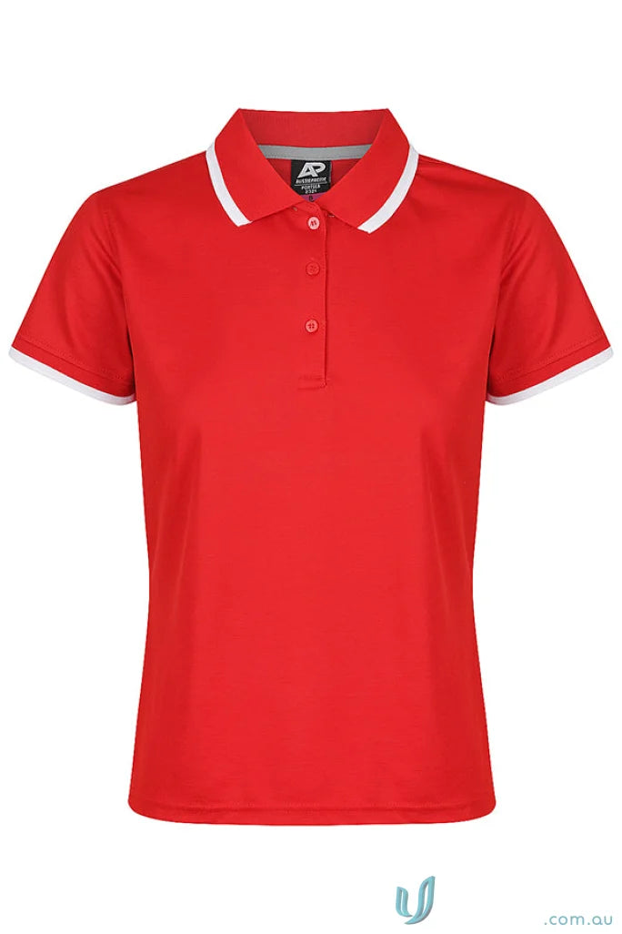 Portsea Lady Polos cotton red short-sleeved polo with white collar and trim splits