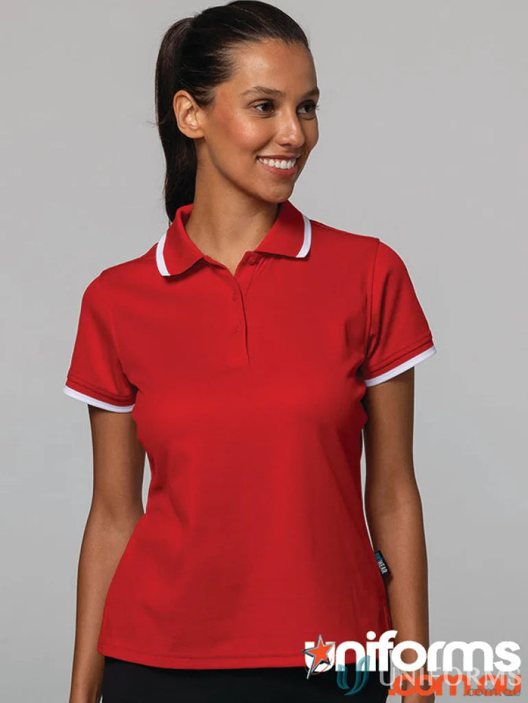 Portsea Lady Polo in red cotton with white trim, perfect for casual splits