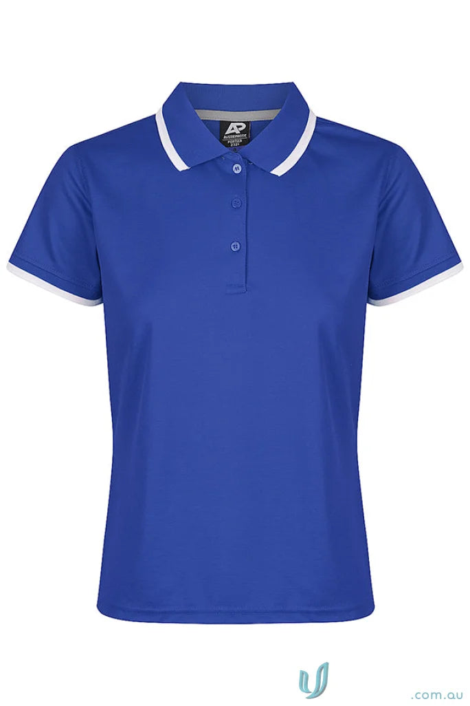 Portsea Lady Polos royal blue cotton short-sleeved polo with white trim splits