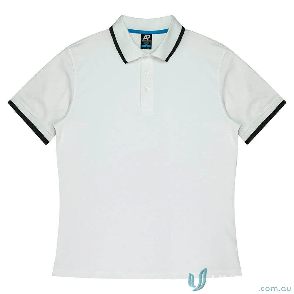 White cotton polo shirt with black trim from Portsea Mens Polos showing fabric splits