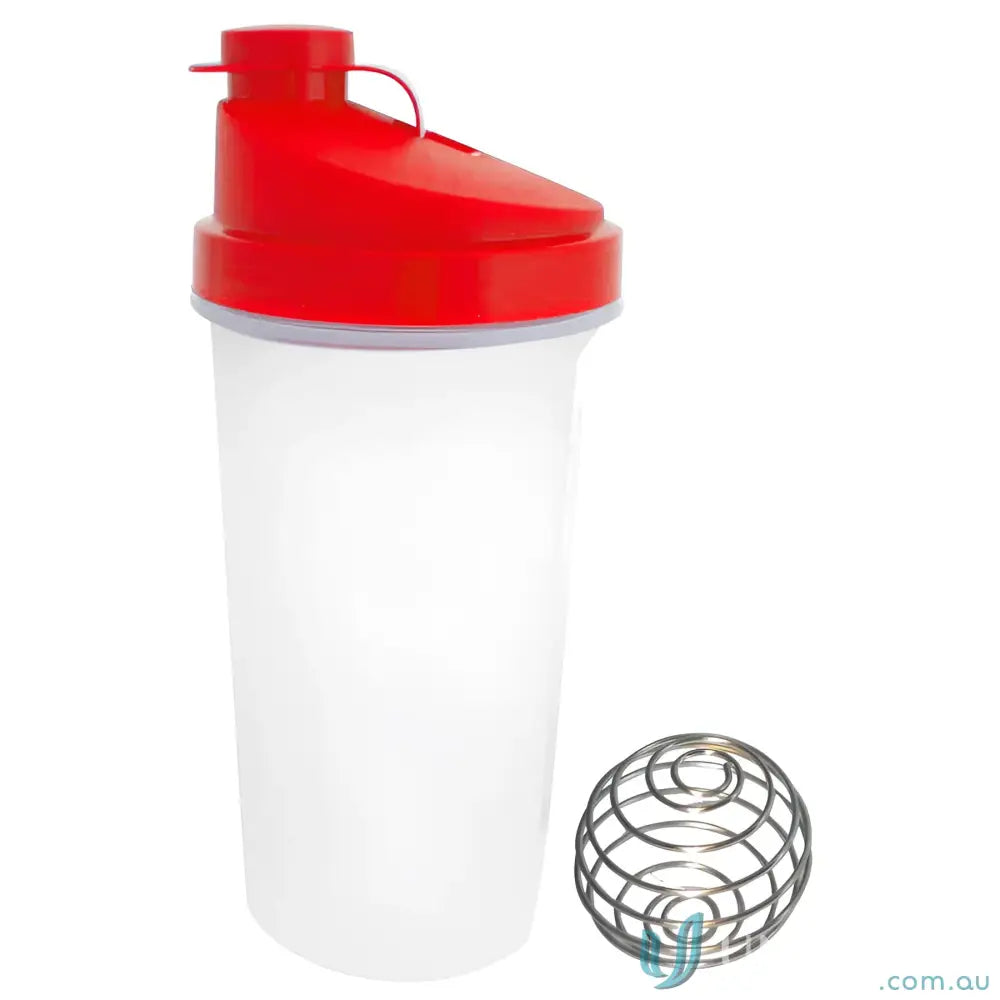 Red-lidded shaker cup with metal whisk ball for protein mixing and workwear routines