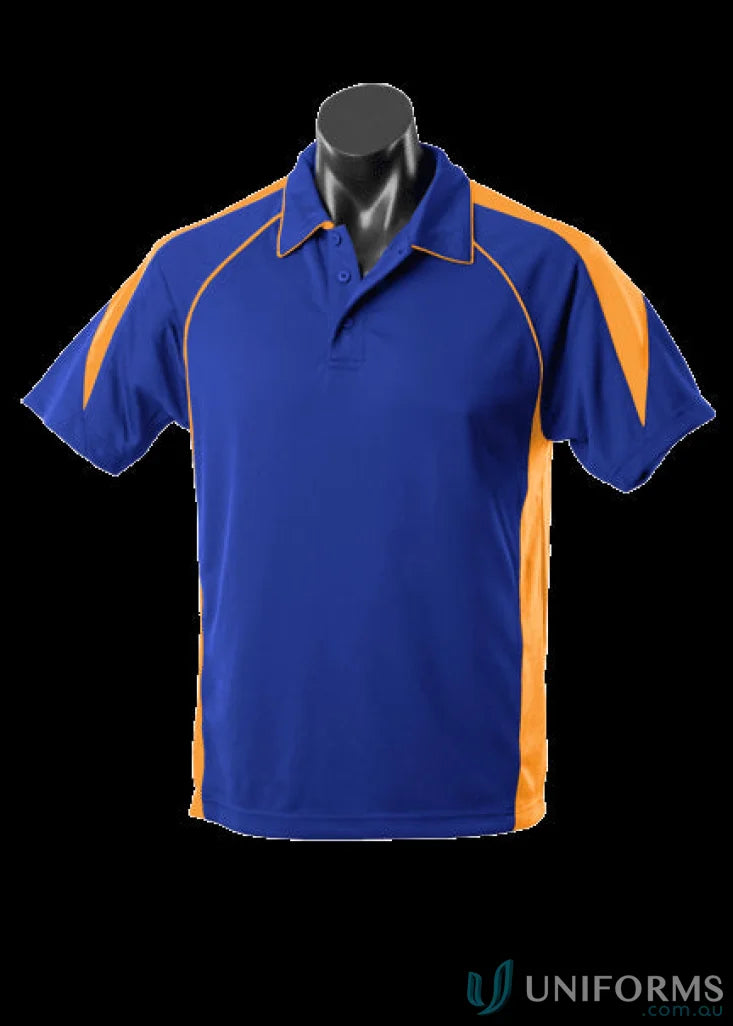 Blue and gold Premier Polo shirt made of comfy fabric, perfect for uniforms and workwear