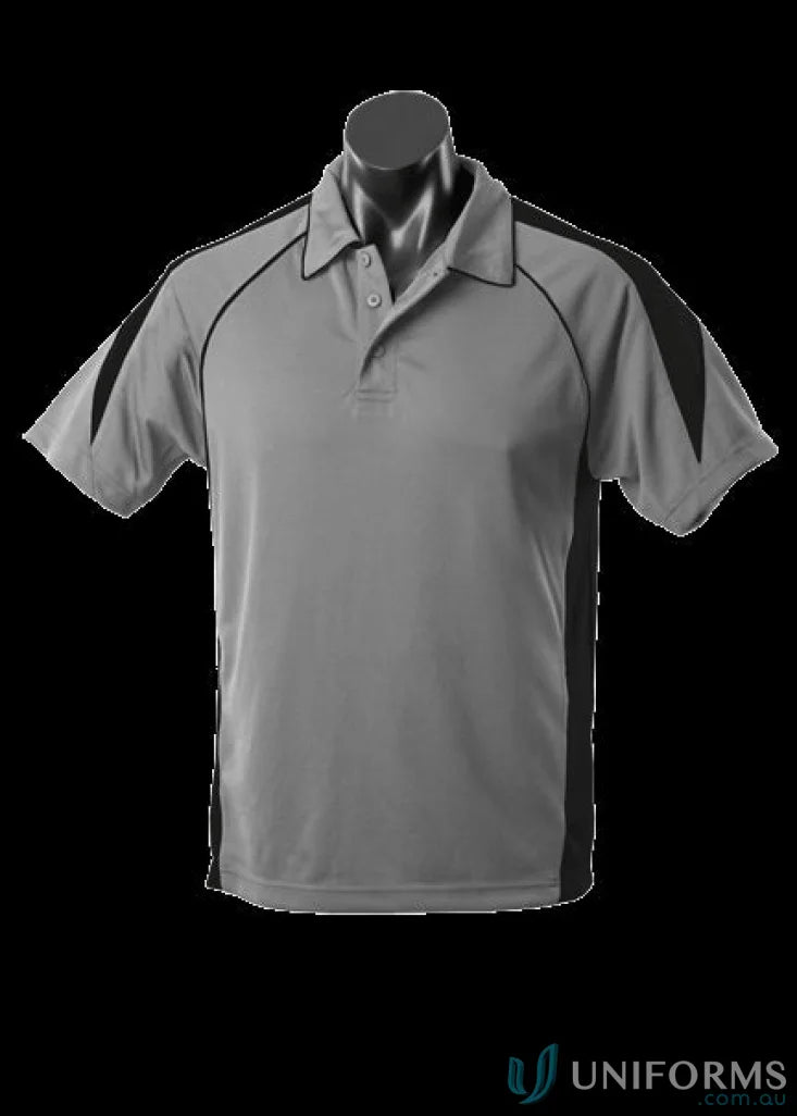 Gray and black Premier Polo shirt made of comfy fabric, perfect for uniforms or workwear
