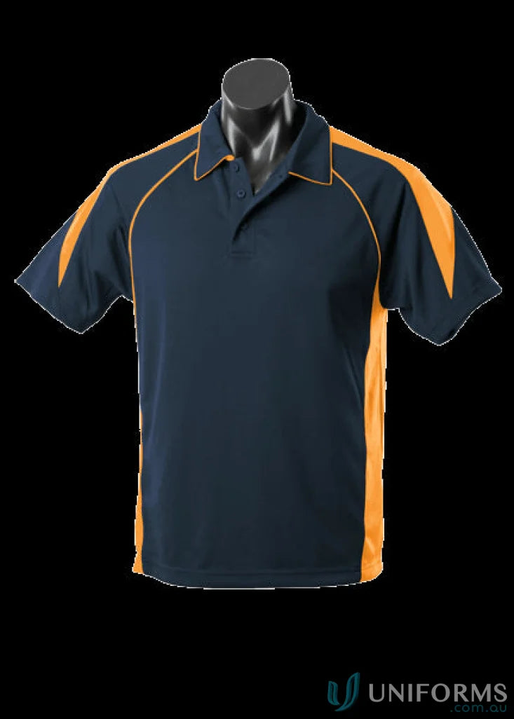 Navy and gold fabric polo shirt from Premier Polo, perfect for uniforms and workwear