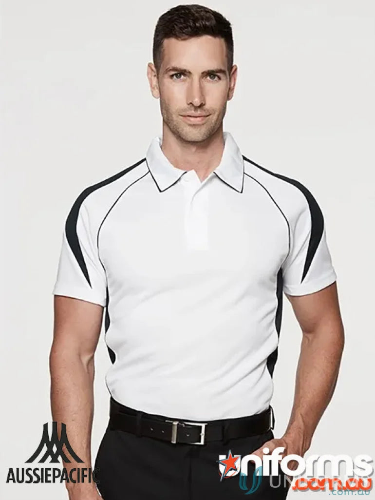 White Premier Polo shirt with black accents, perfect for uniforms and workwear