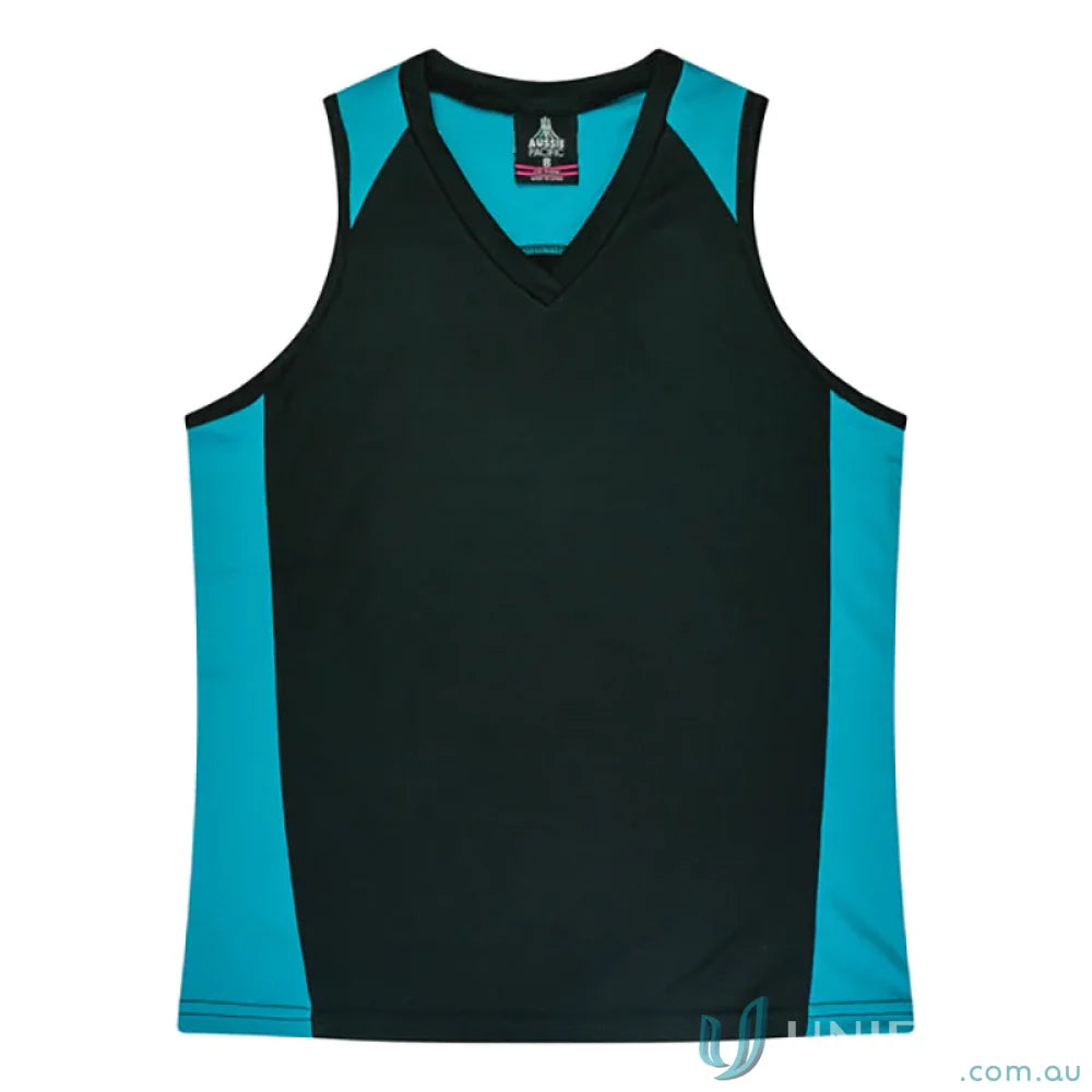 Black and teal Premier Singlet sports jersey with fabric neck bind for comfort