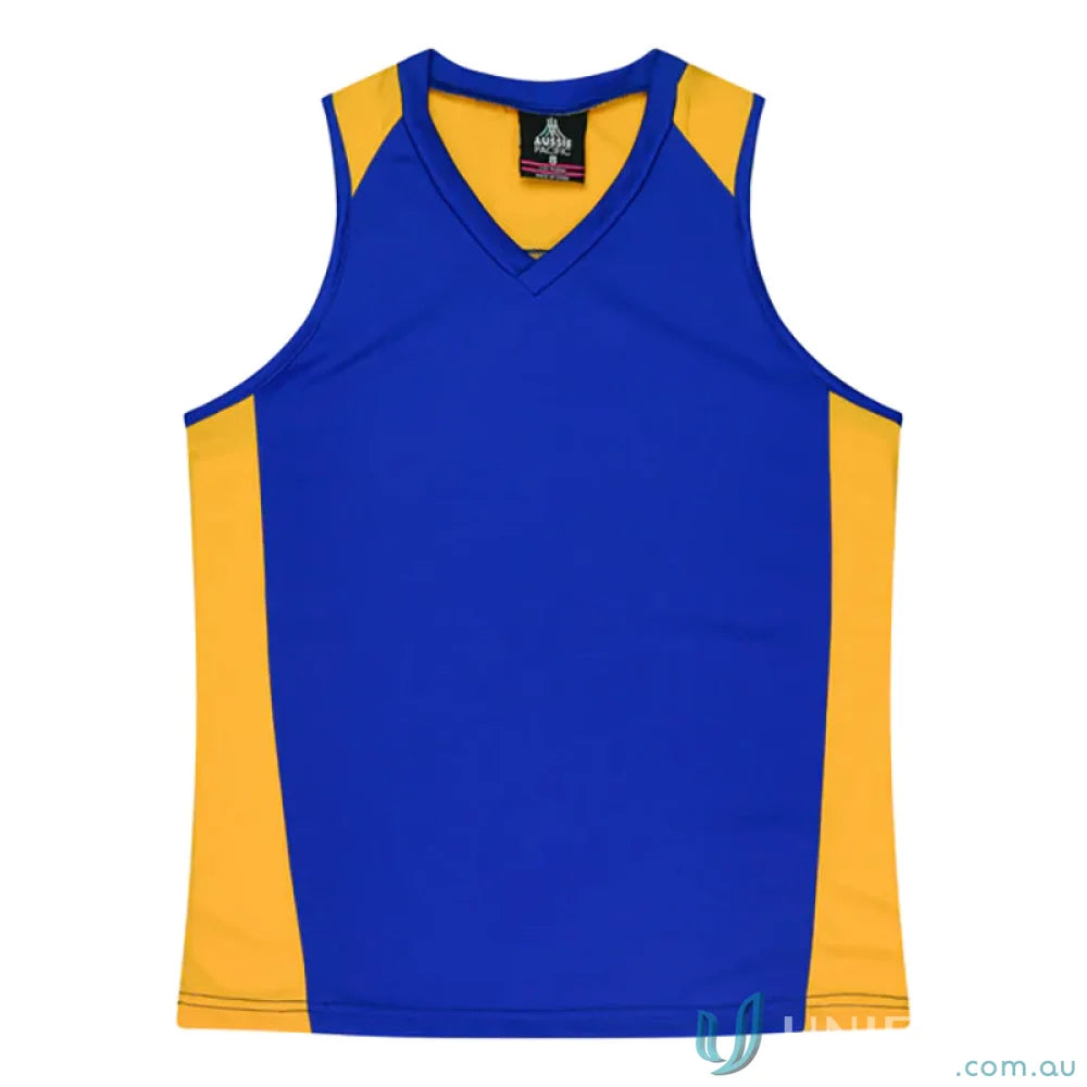 Blue and gold Premier Singlet athletic tank top with fabric neck bind style