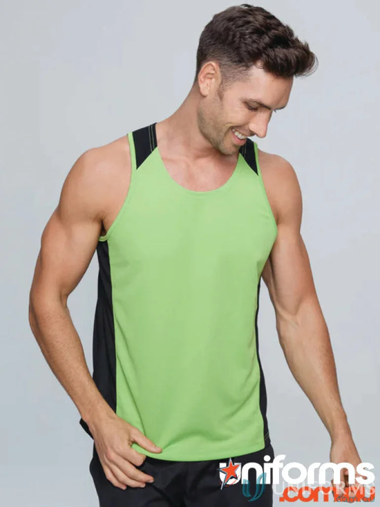 Man in Premier Singlet with green and black fabric neck bind for sporty style