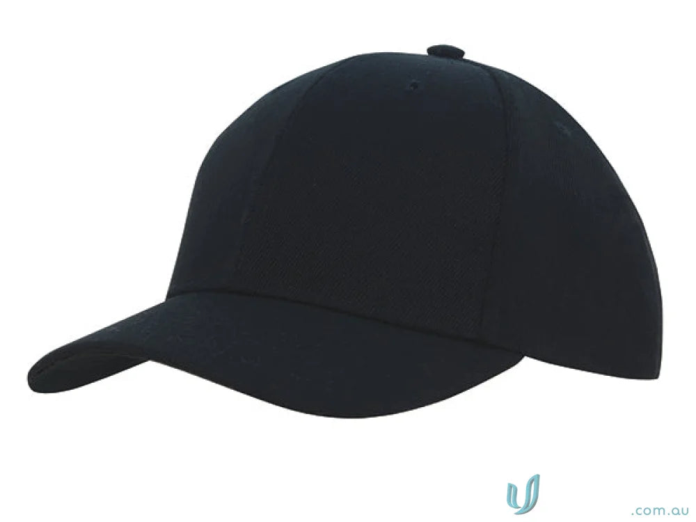 Plain black baseball cap from Premium American Twill College Cap, perfect for uniforms or workwear FAQs link included