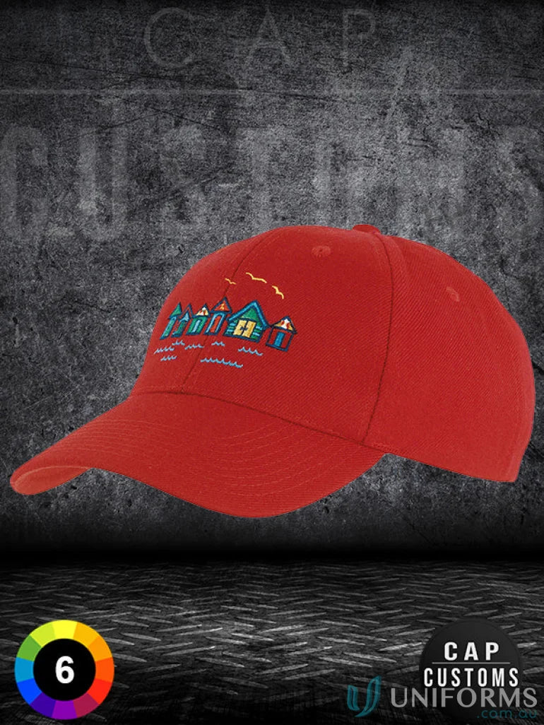 Red baseball cap with colorful beach hut embroidery, perfect for uniforms or workwear