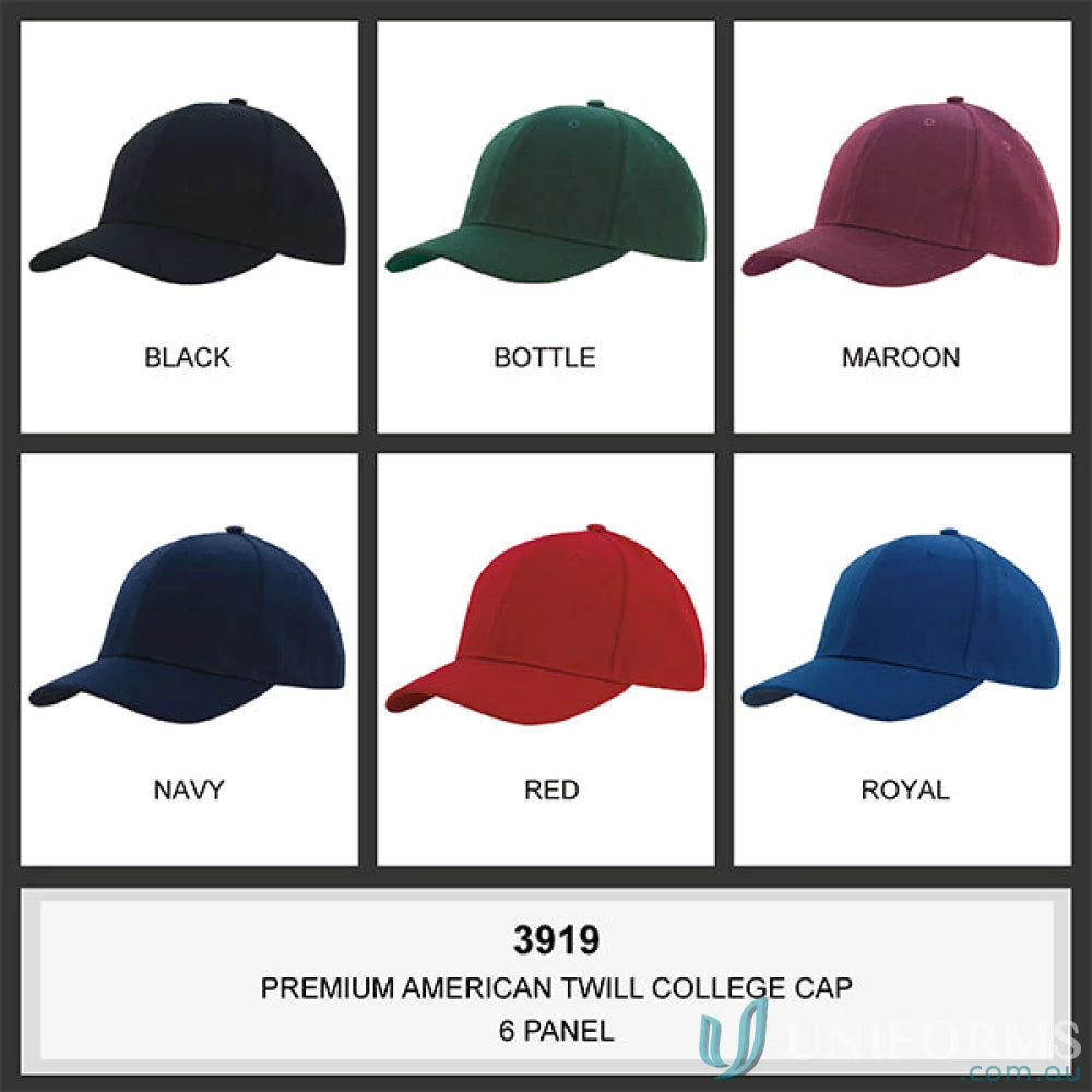 Colorful premium American twill college caps perfect for uniforms and workwear options
