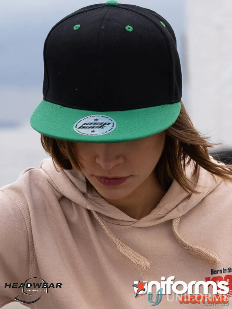 Black and green baseball cap from Premium American Twill Snap Styling, perfect for workwear or uniforms