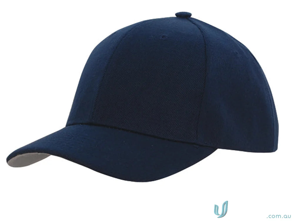 Navy blue baseball cap made of premium American twill with fabric-covered touch strap and pre-curved peak
