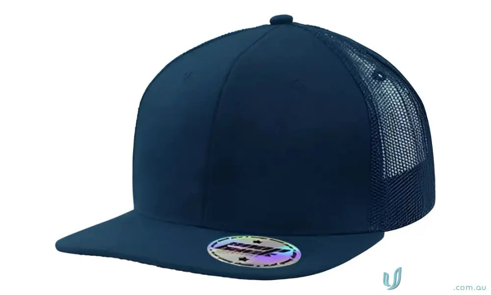 Dark blue flat-brimmed baseball cap with mesh back and pro sticker for uniforms