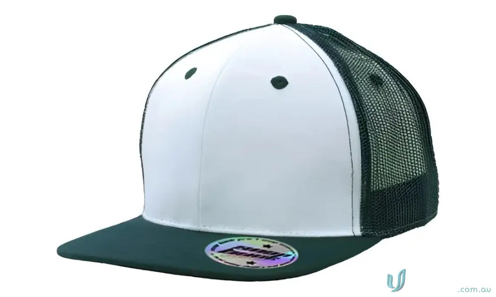White and dark green mesh back baseball cap with flat brim and pro sticker for uniforms