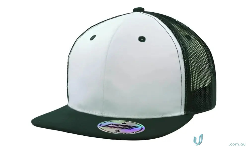 White and dark green trucker hat with flat brim, pro sticker, perfect for uniforms