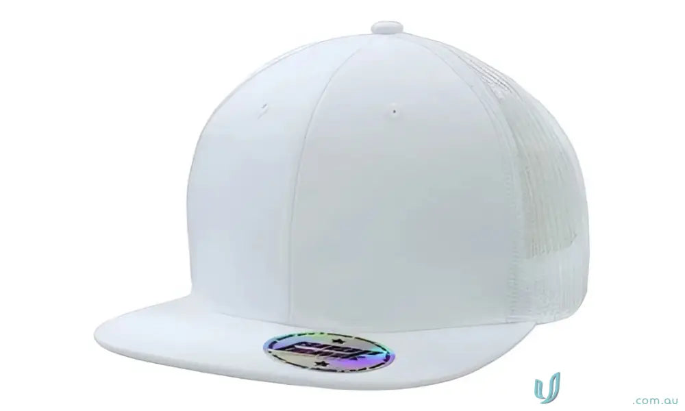 White flat-brimmed trucker hat with holographic pro sticker for uniforms FAQ link