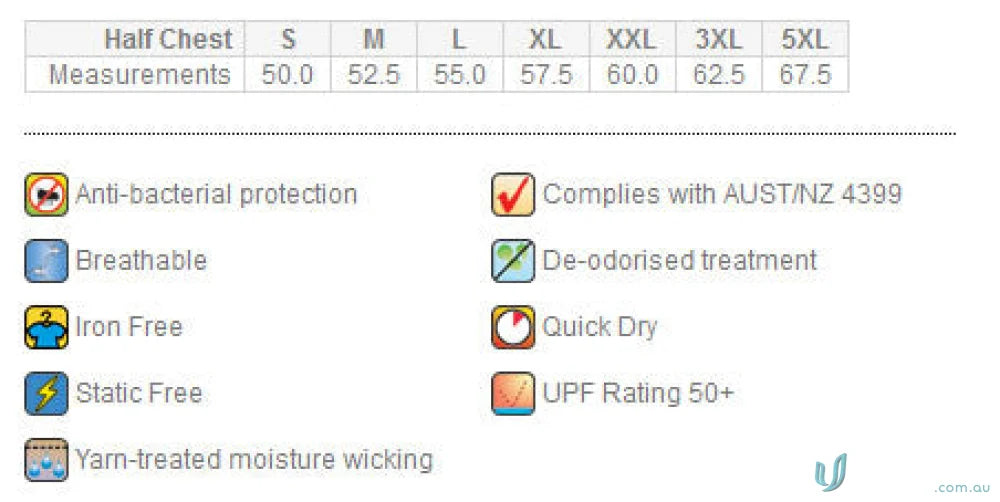 Clothing size chart with style features for Premium Argent Polo workwear and uniforms