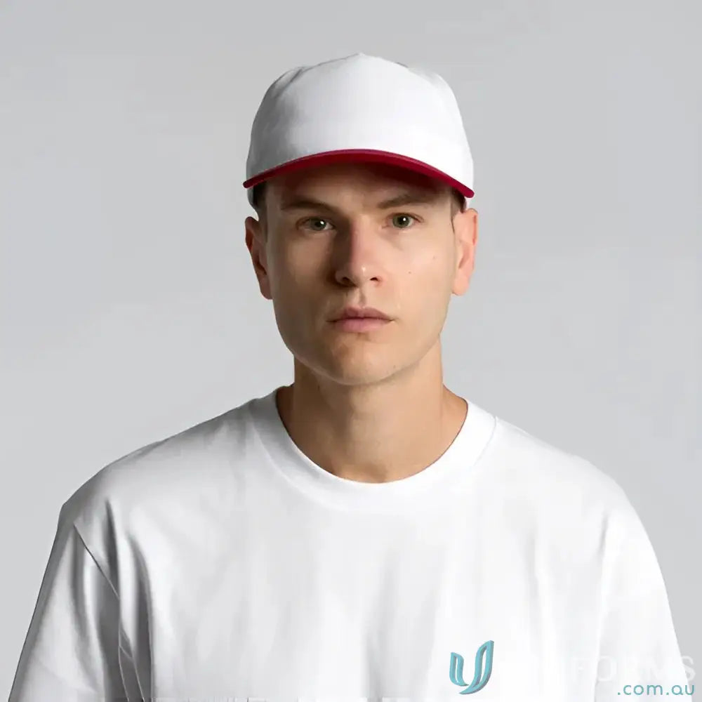 White cotton 16-wale partridge cord cap with red brim, unstructured five-panel design