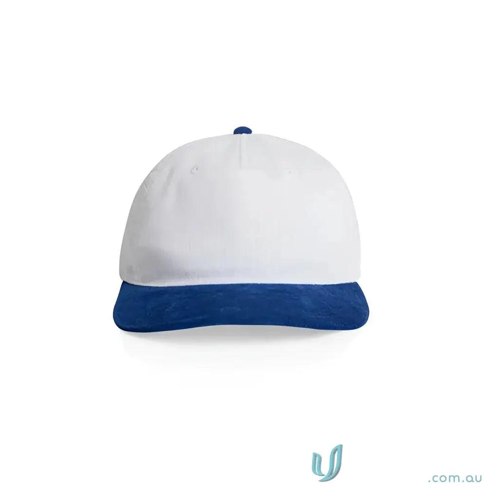 White baseball cap with blue brim made from cotton 16-wale partridge cord