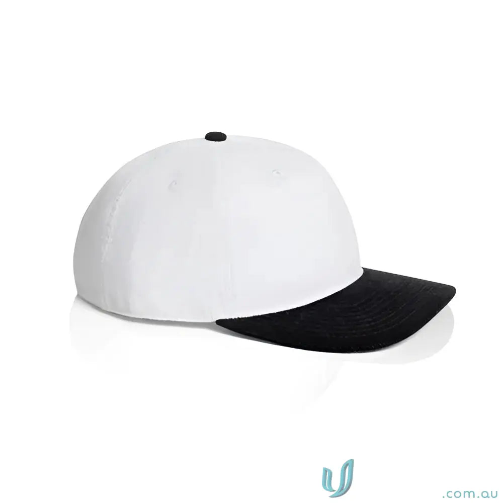 White cotton 16-wale partridge cord cap with black brim and five-panel design