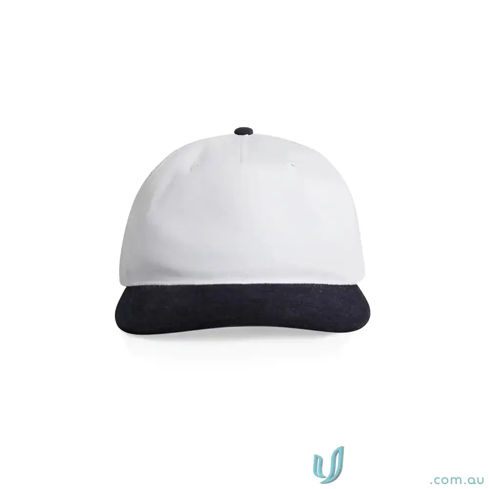 White cotton 16-wale partridge cord baseball cap with dark blue brim