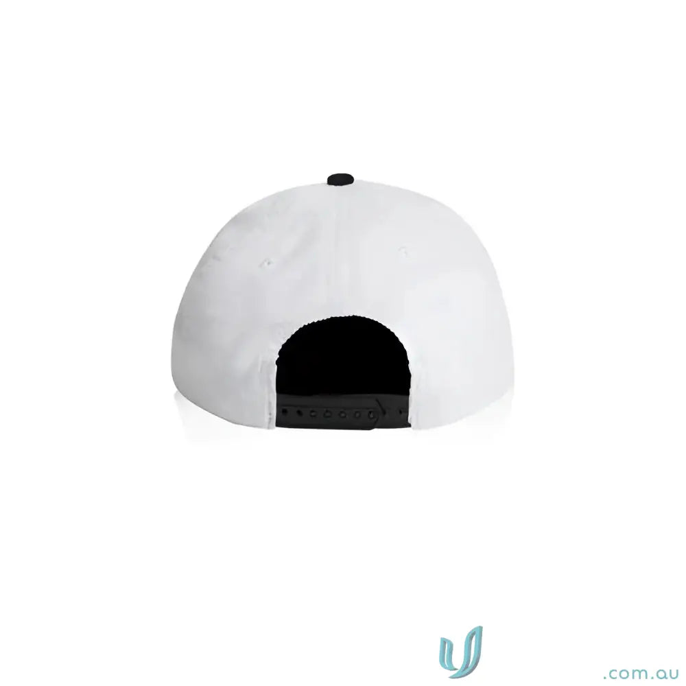 White cotton 16-wale partridge cord cap with black snapback closure, unstructured five-panel style