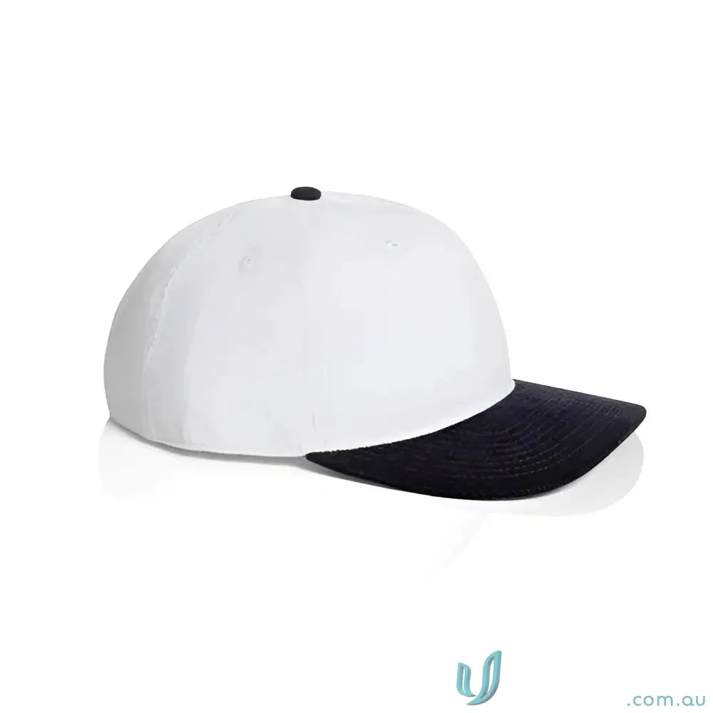 Two-tone baseball cap with white crown and black brim made of cotton 16-wale partridge cord
